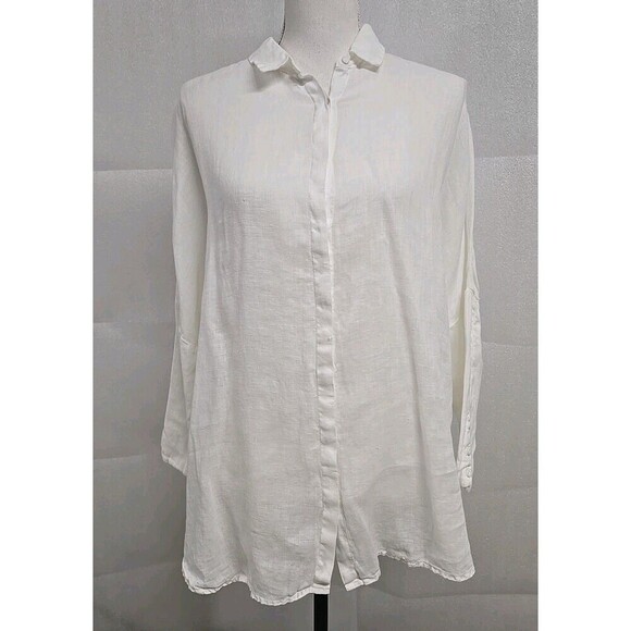120 Lino 100% Linen Long Sleeve Button Down White Shirt Top Women's Size 46/L - Picture 3 of 11